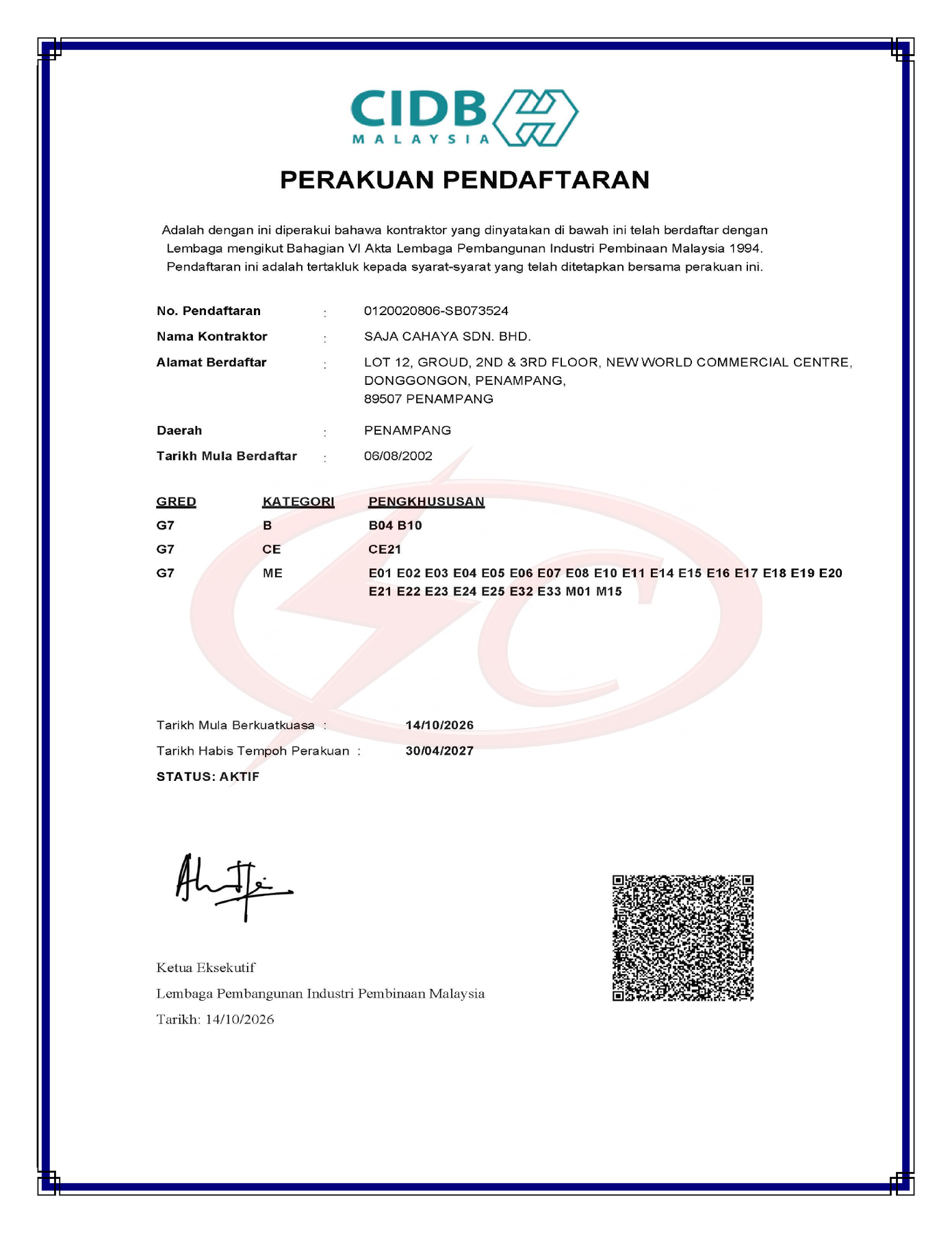 CIDB Malaysia Perakuan Pendaftaran — Grade G7, effective 14 October 2026 to 30 April 2027